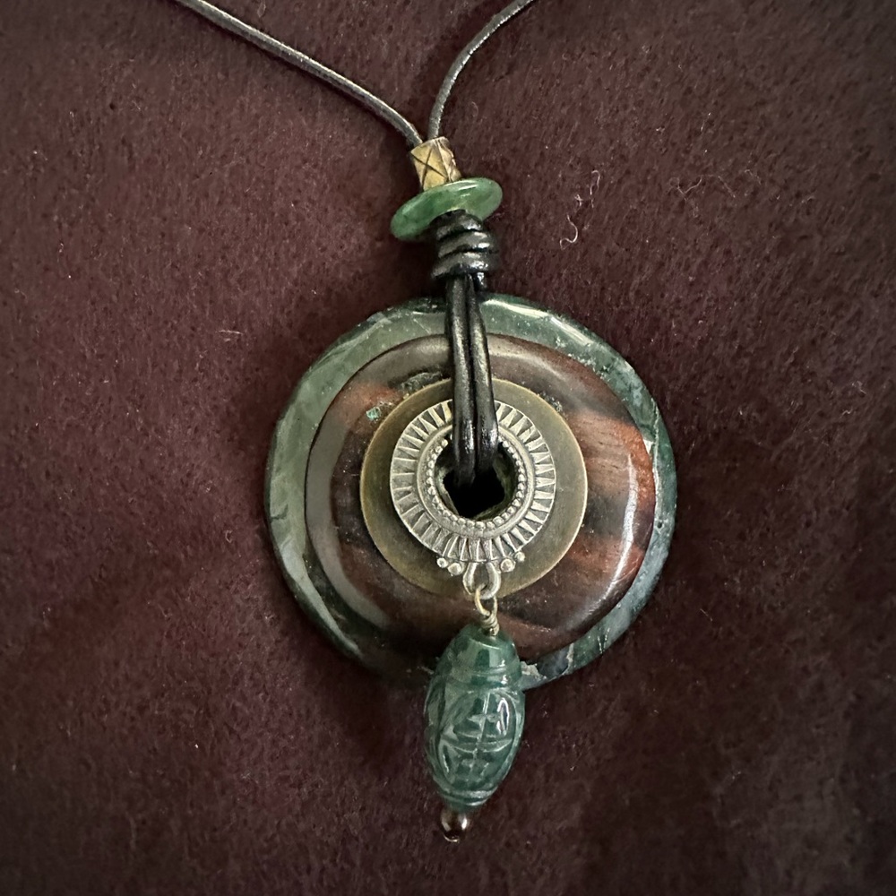 Moss agate, wood and and metal donut necklace on leather cord. ~34 inches long